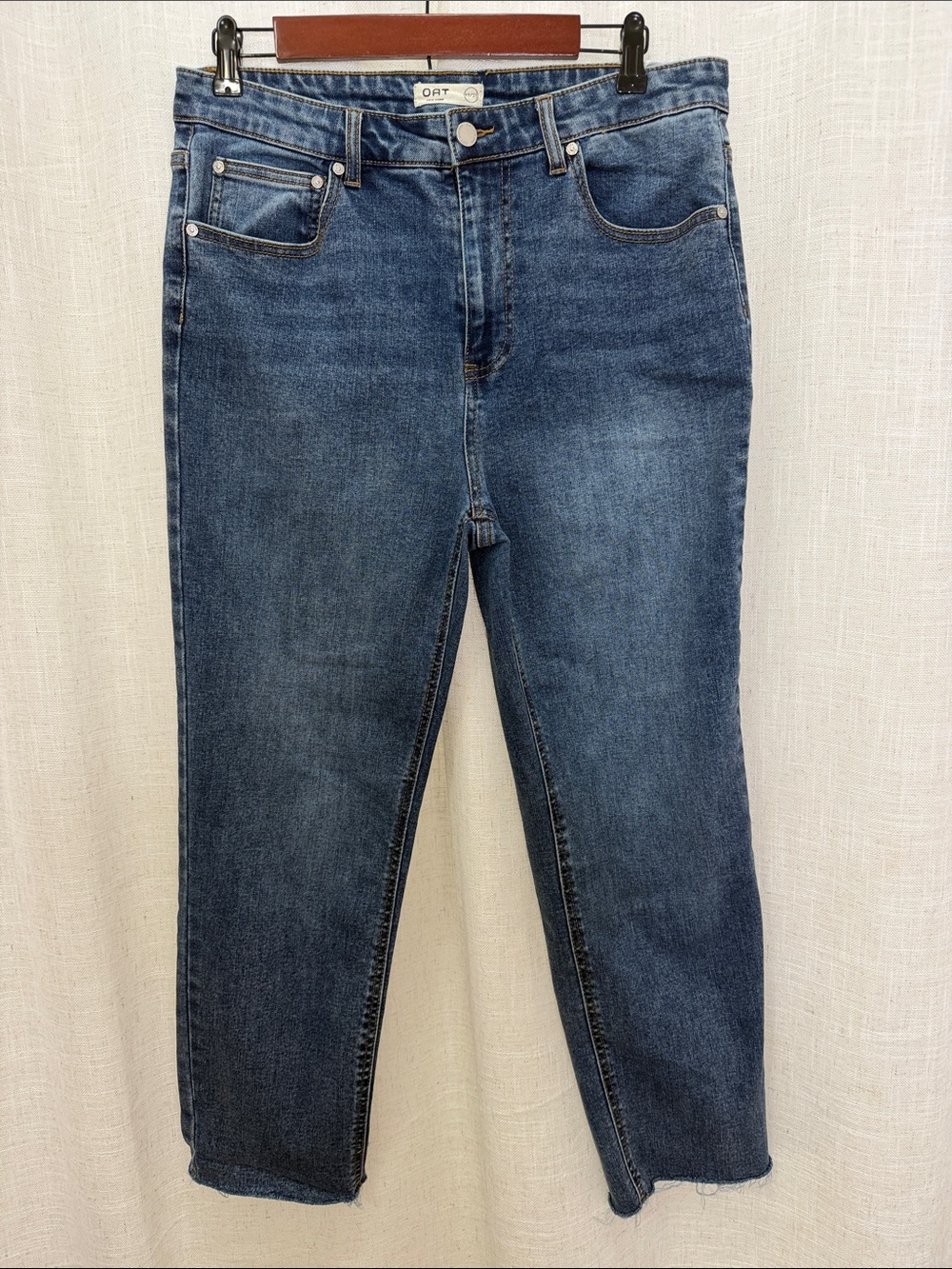 OAT Straight Leg Raw Hem Blue Jeans Size 12/31 Excellent Condition